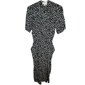 Vintage Karin Stevens Black White Floral Midi Dress Size 10 Button Front Pockets
